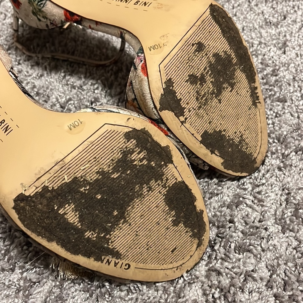 Gianni Bini Floral Print Heeled Sandals with Gold Tassels - Picture 10 of 12
